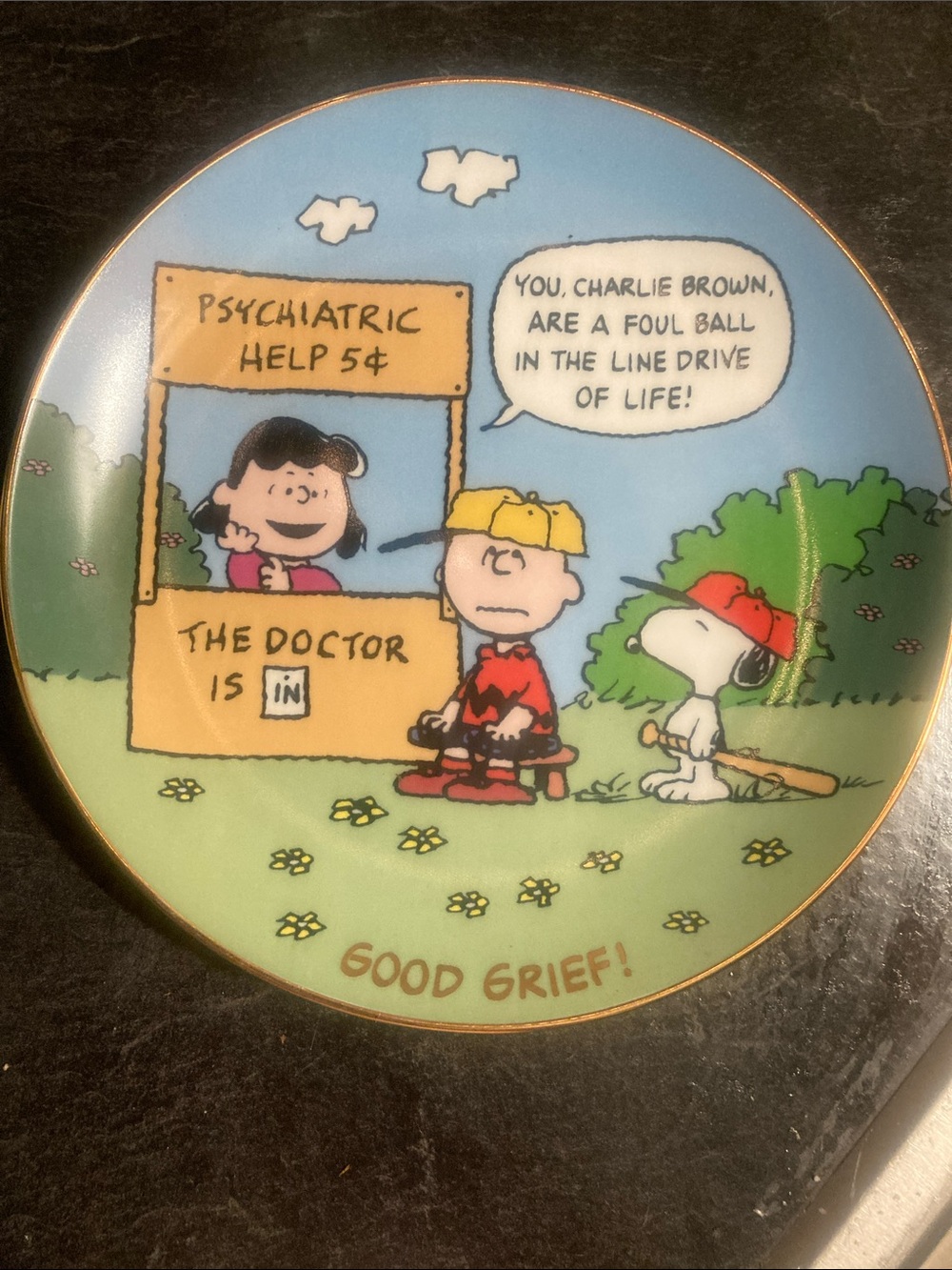 Peanuts Yellow Red Blue Charlie Brown & Snoopy 'Good Grief' Wall Plate